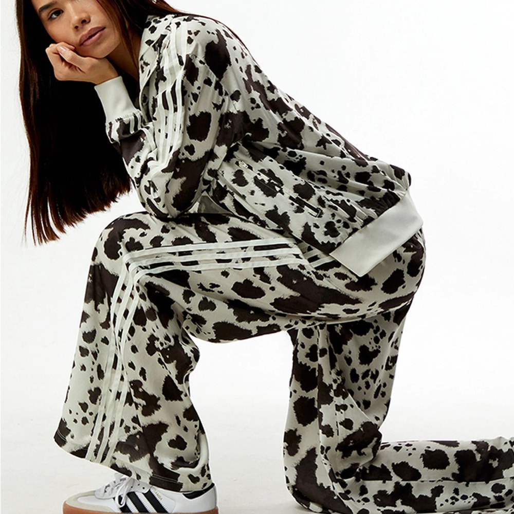 Adidas satin cow print track jacket and pants.
